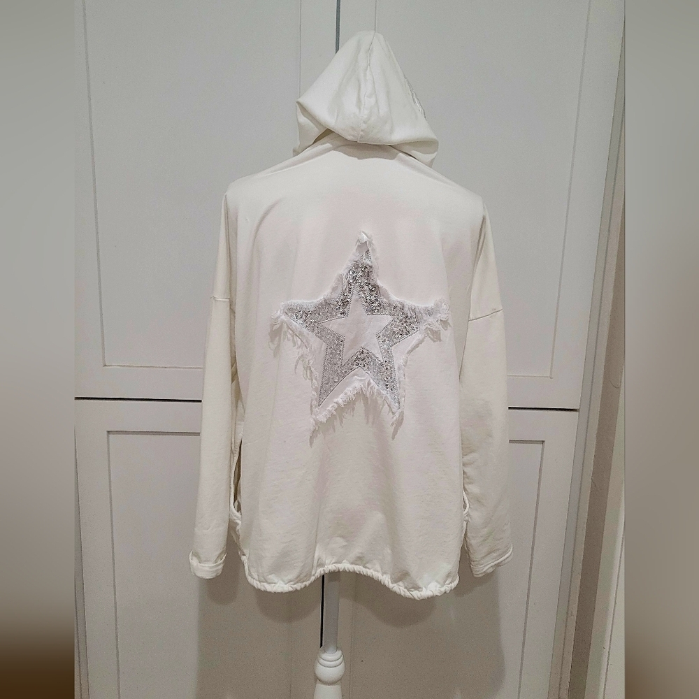 Tempo Paris Open Front Hoodie w/ Fringed Silver Sequin Star Back | Size S/M